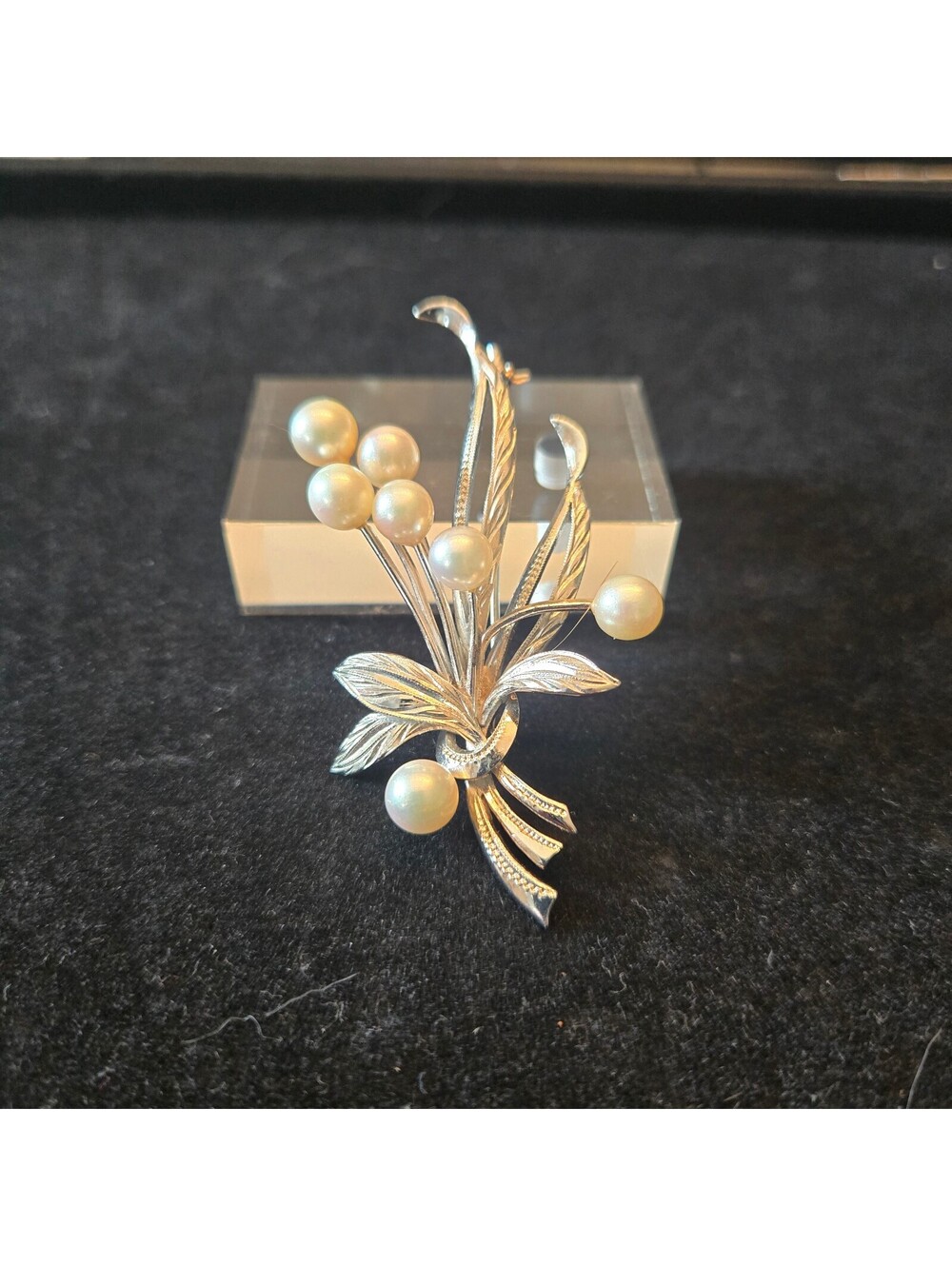 Vintage Sterling Silver Faux Pearl Floral Spray Brooch Leaf Ribbon Pin Elegant